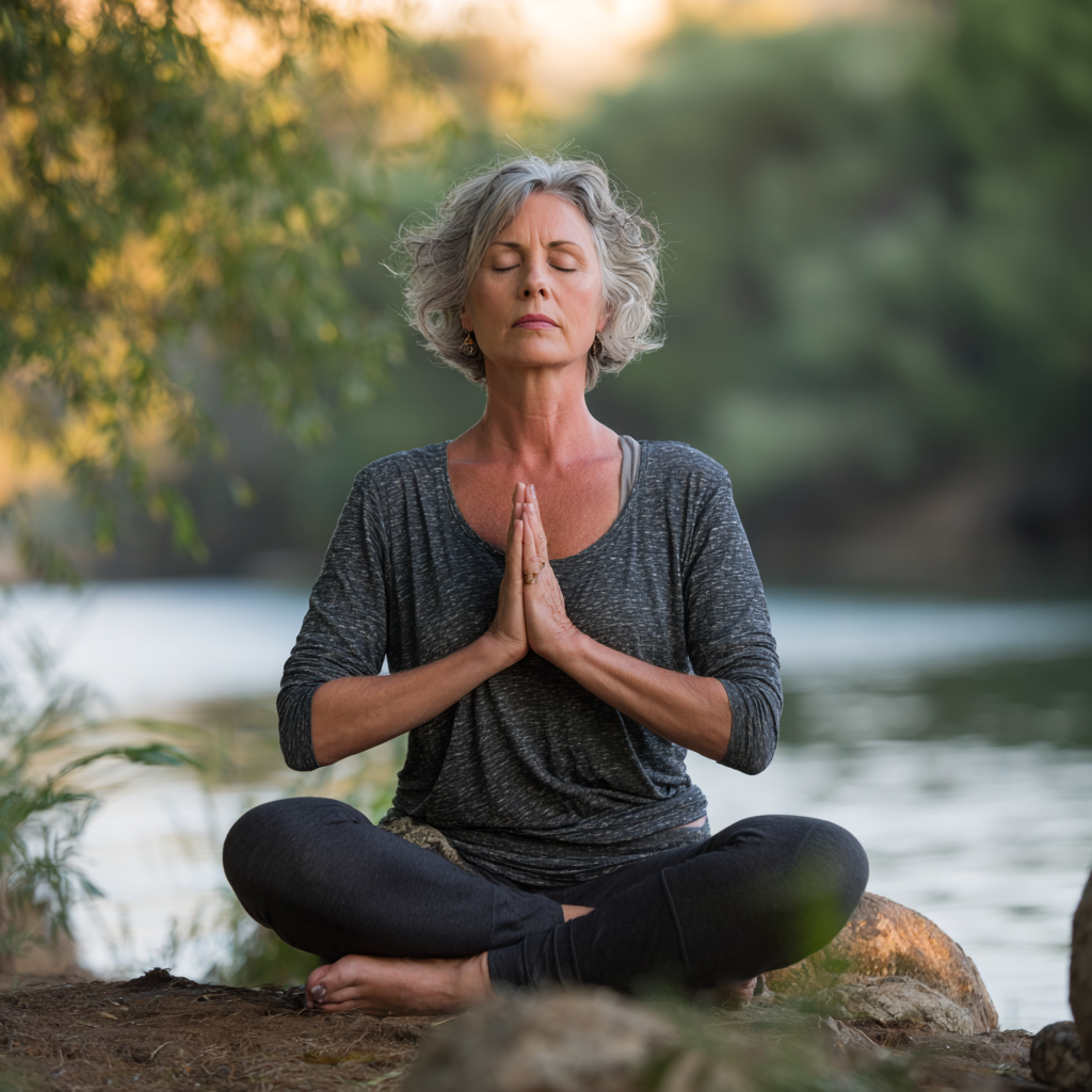Mature adult practicing yoga meditation in peaceful natural environment