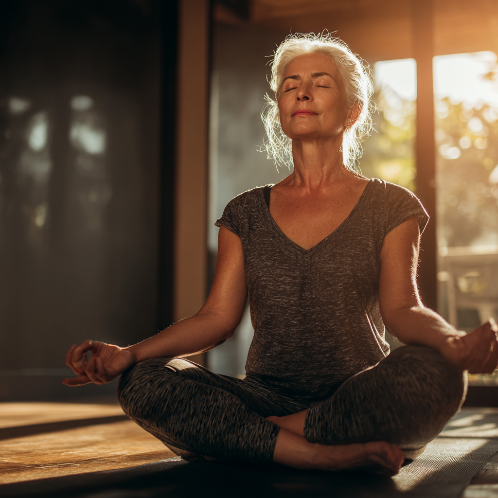 Serene woman in her fifties practicing mindful yoga pose in natural lighting